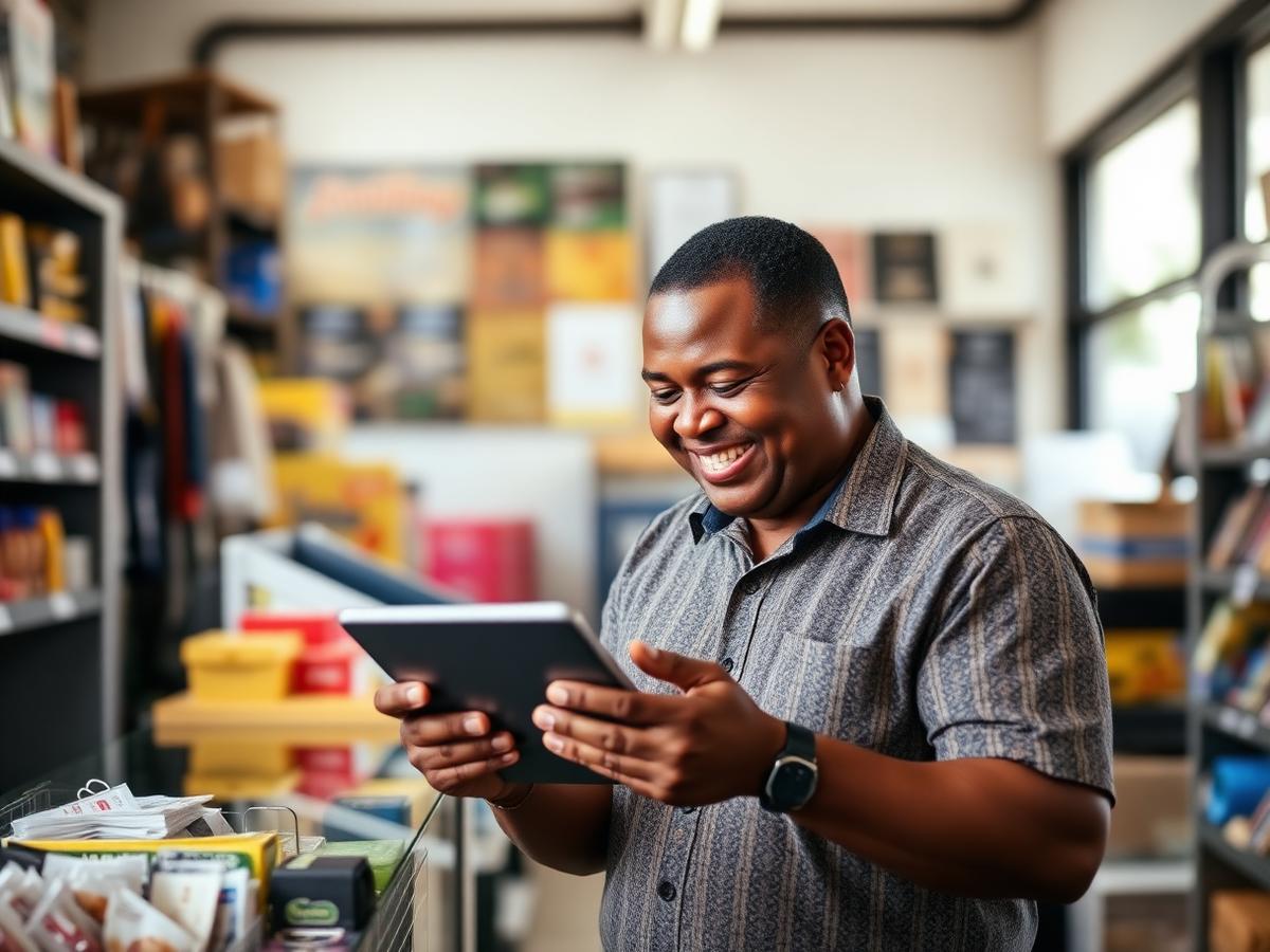 A Papua New Guinean shop owner reviewing business results on a tablet
