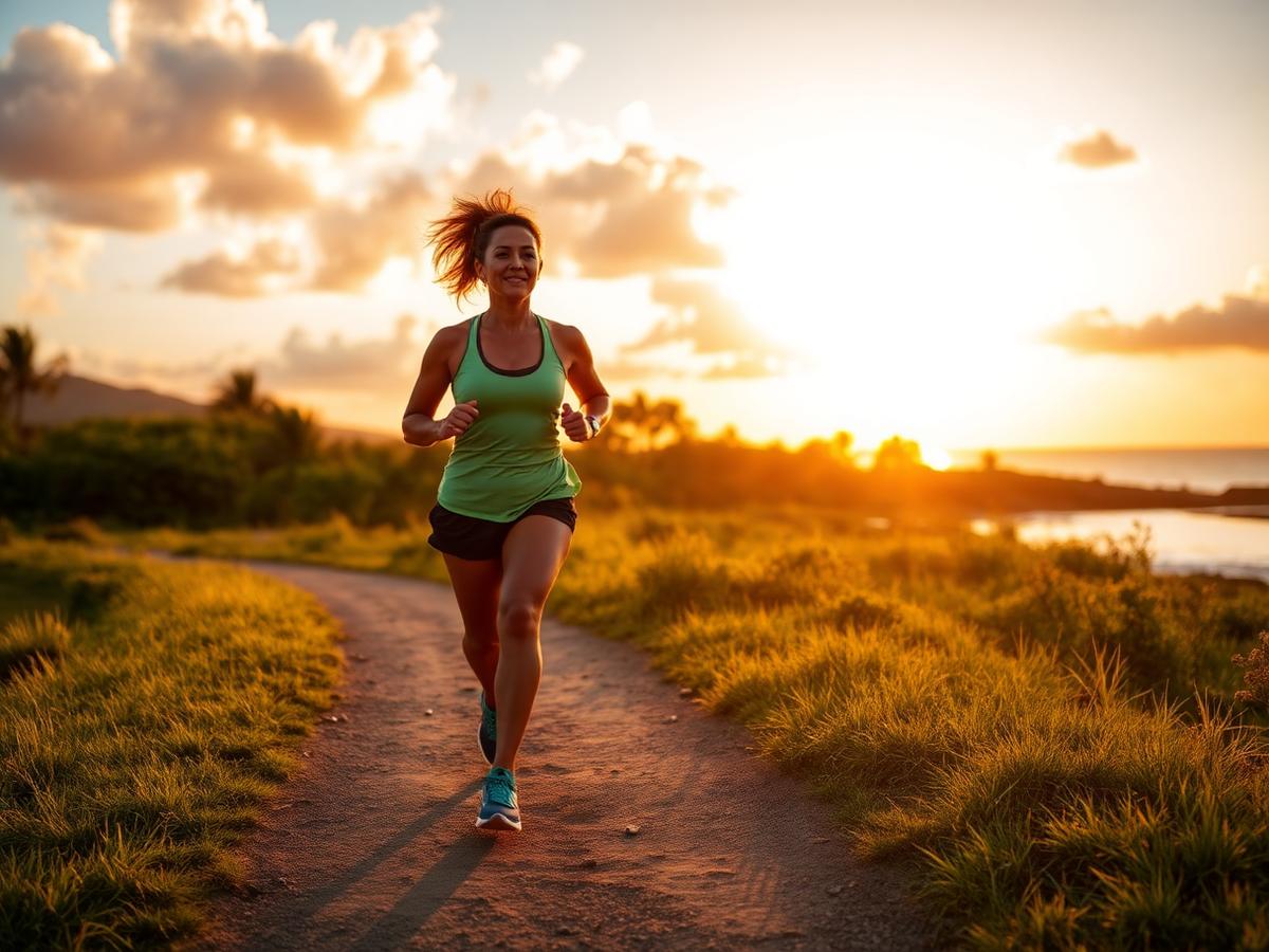 A person jogging on a coastal path at sunrise in Papua New Guinea